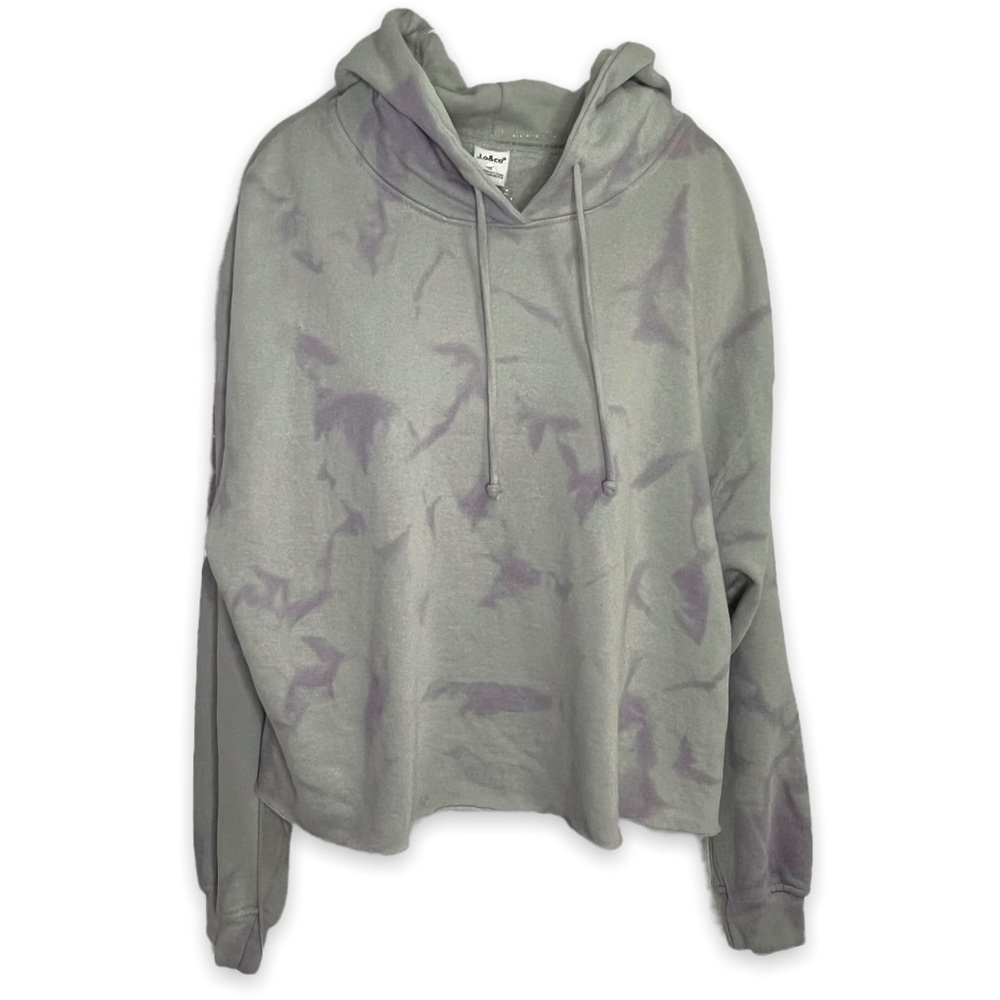 NEW J.O & Co. Light Gray with Light Purple Tie Die Wash Cropped Hoodie Sz Large